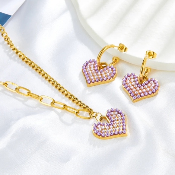 ‼️SALE‼️18K Gold Plated Pearl Heart Pendant Necklace Earrings Set - Picture 6 of 11